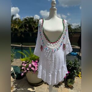 White Boho Tunic Coverup with Colorful Tassels